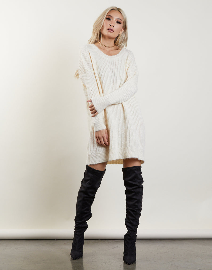 Free Fall Sweater Dress Tops Cream Small -2020AVE