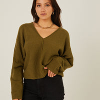Front Seam V Neck Sweater Tops Olive Small -2020AVE