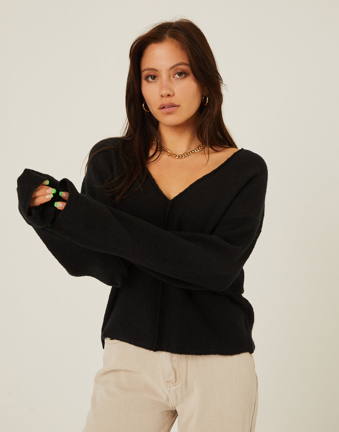 Front Seam V Neck Sweater Tops Black Small -2020AVE