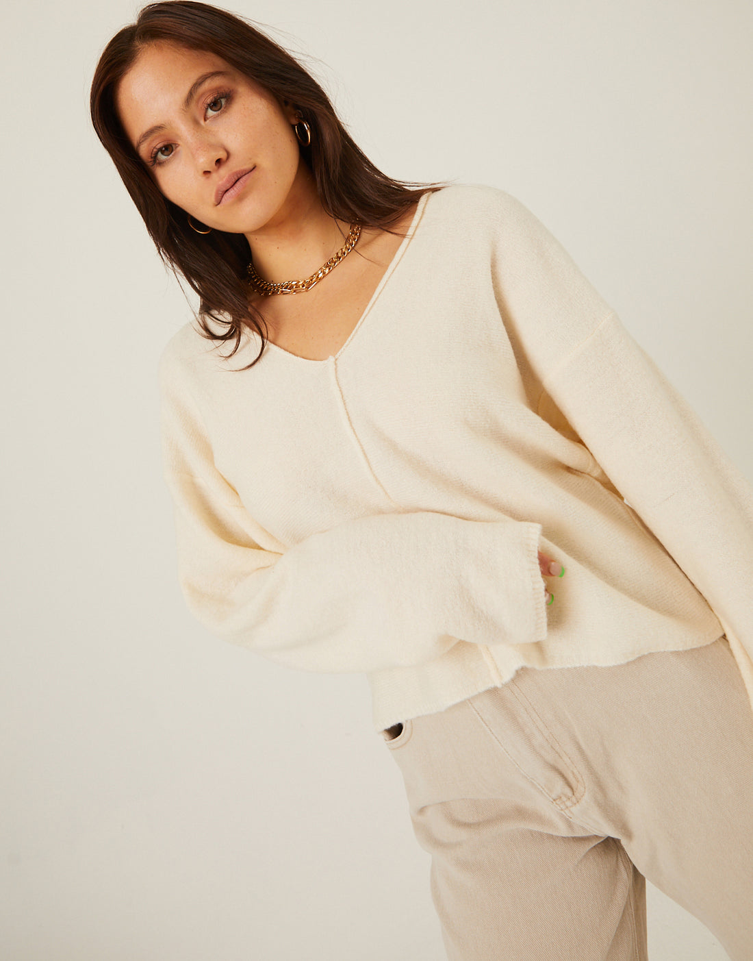 Front Seam V Neck Sweater Tops Cream Small -2020AVE
