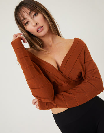Deep V-Neck Cropped Sweater Top Tops Rust Small -2020AVE