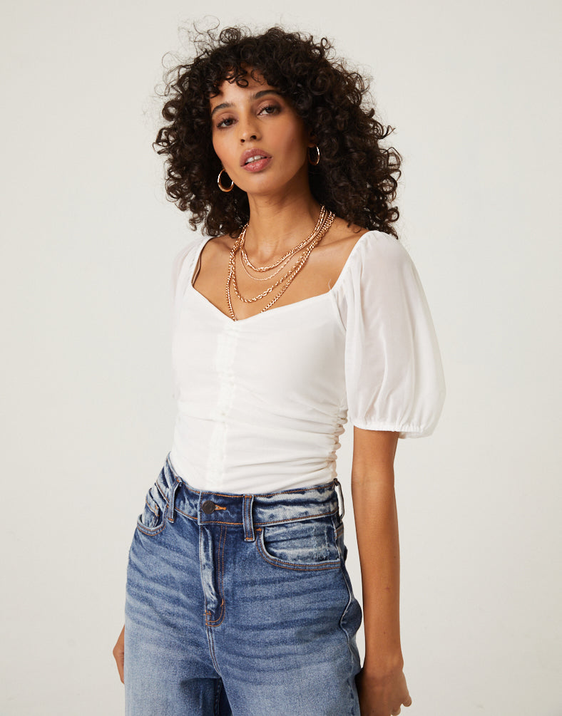 Mesh Sleeve Ruched Crop Top Tops -2020AVE