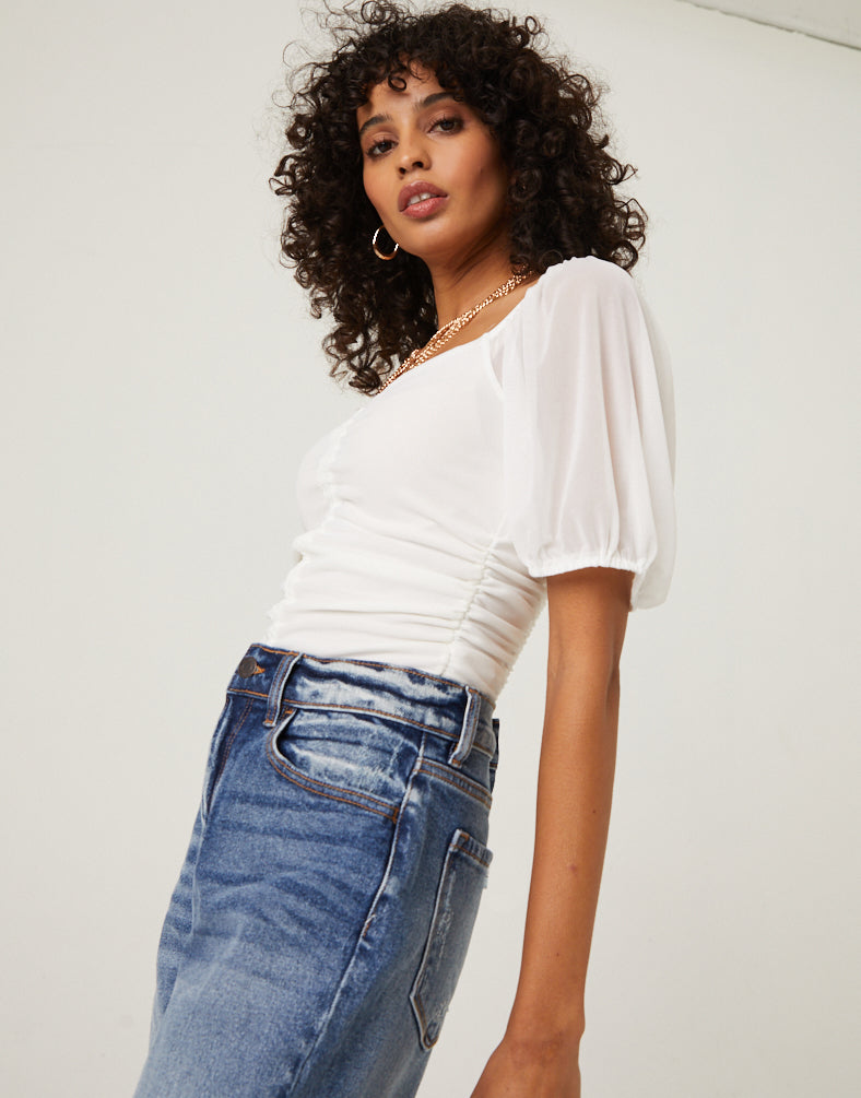 Mesh Sleeve Ruched Crop Top Tops Off White Small -2020AVE