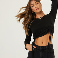 Ruched Sides Long Sleeve Top Tops -2020AVE