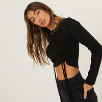 Ruched Sides Long Sleeve Top Tops Black Small -2020AVE