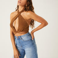 Knit Wrap Halter Top Tops Brown Small -2020AVE