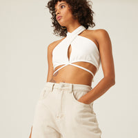 Knit Wrap Halter Top Tops White Small -2020AVE