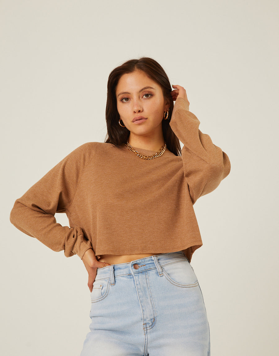 Long Sleeve Cropped Thermal Top Tops Brown Small -2020AVE