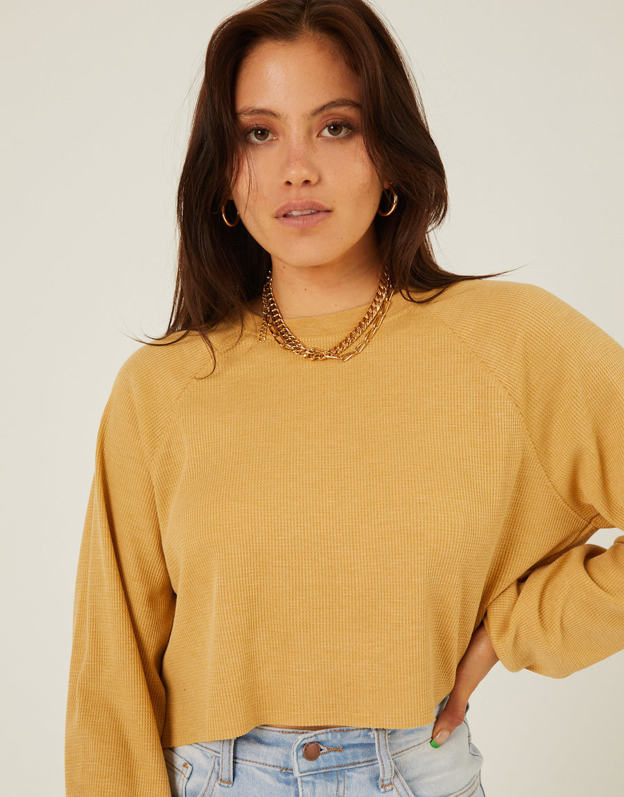 Long Sleeve Cropped Thermal Top Tops Mustard Small -2020AVE