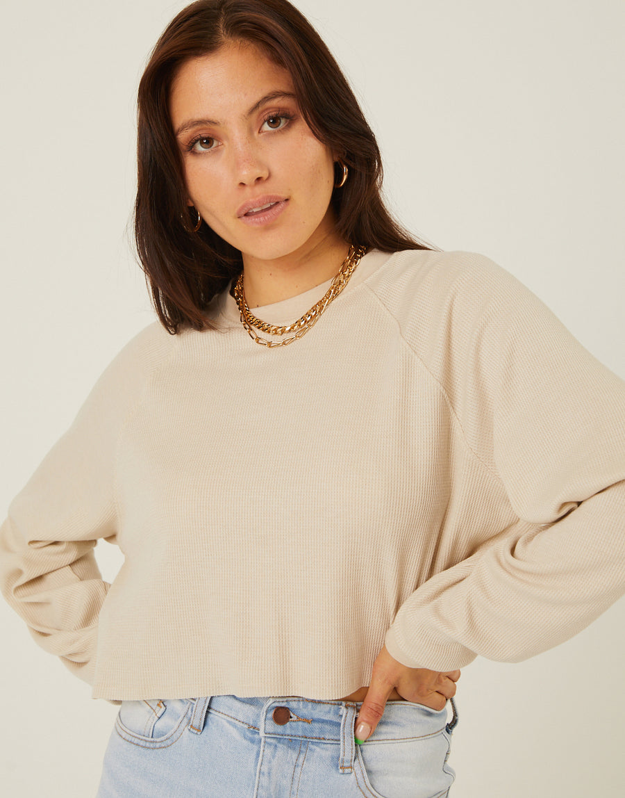 Long Sleeve Cropped Thermal Top Tops Beige Small -2020AVE