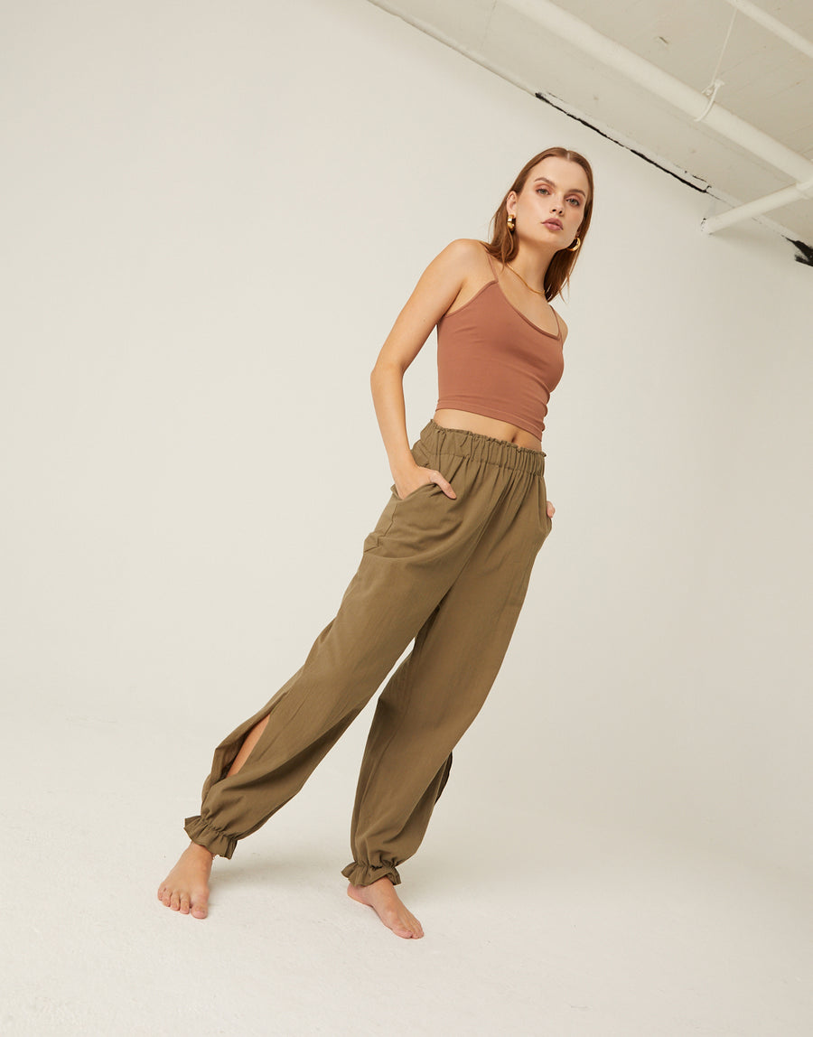 Loose Elastic Waist Pants Bottoms Olive Small -2020AVE