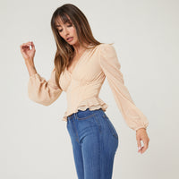Long Sleeve Corset Blouse Tops Taupe Small -2020AVE