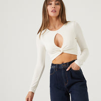 Long Sleeve Keyhole Crop Top Tops Ivory Small -2020AVE