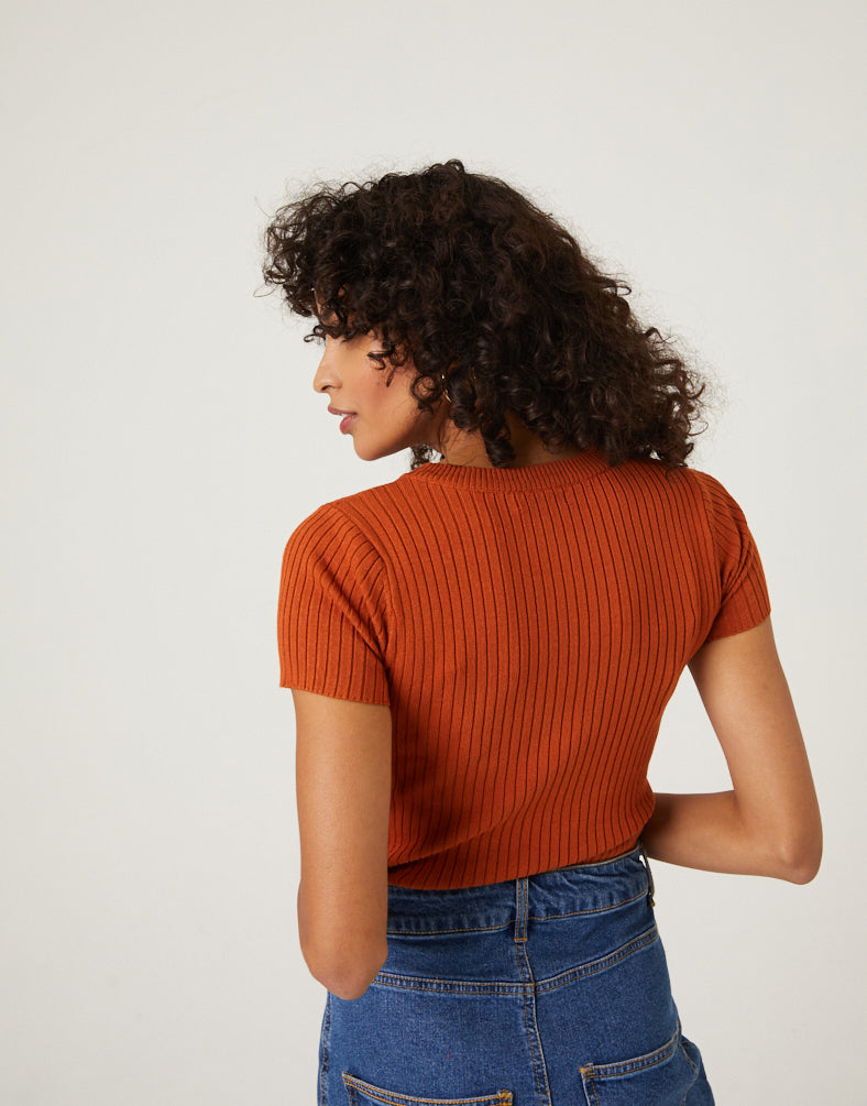 Bodycon Ribbed Tee-Shirt Tops Rust Small -2020AVE