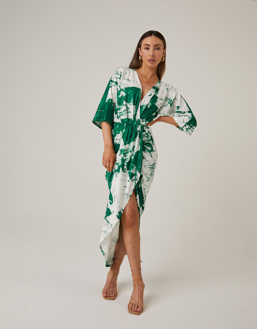 Marble Print Ruched Dress Dresses Green Small -2020AVE