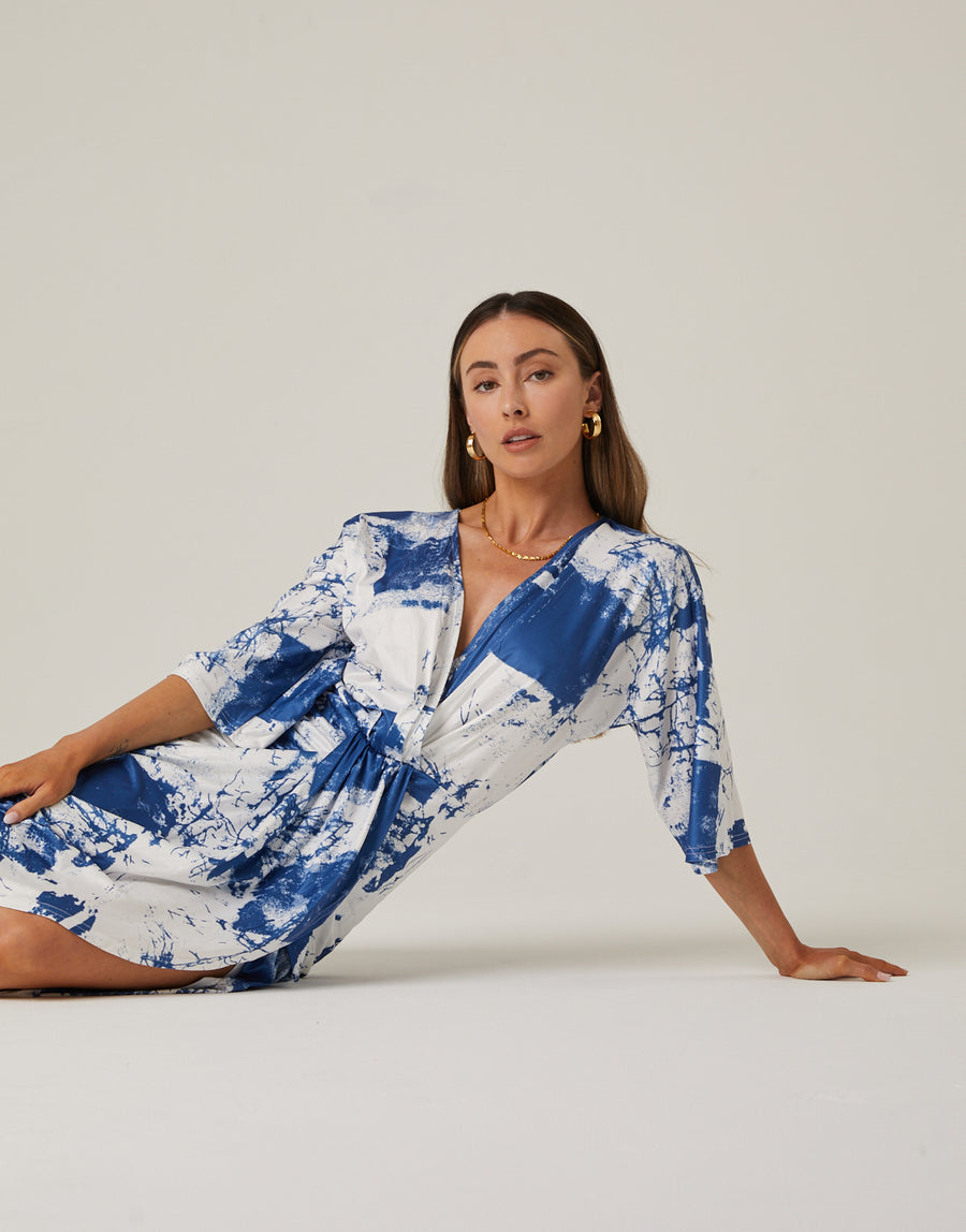 Marble Print Ruched Dress Dresses Blue Small -2020AVE