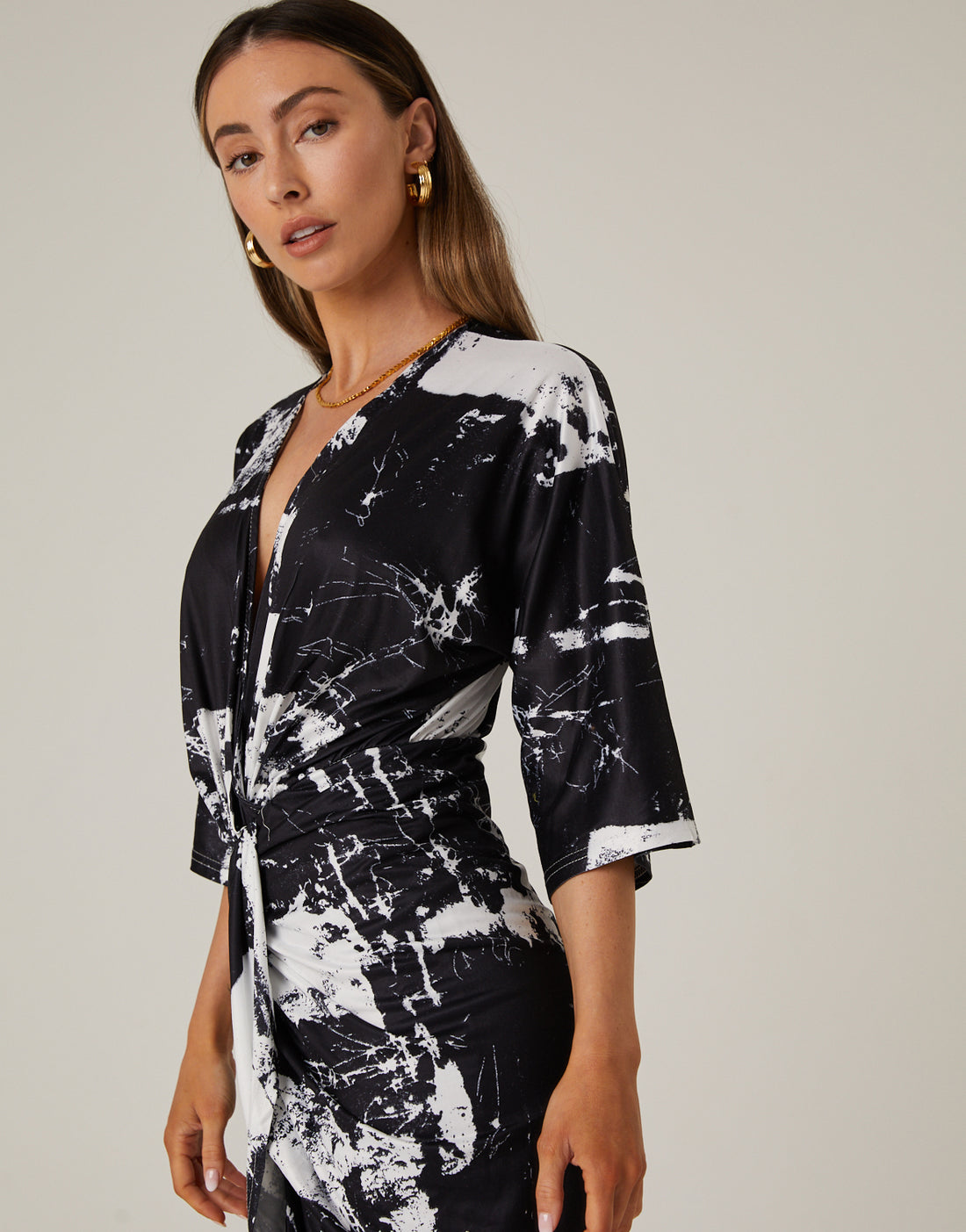 Marble Print Ruched Dress Dresses Black Small -2020AVE