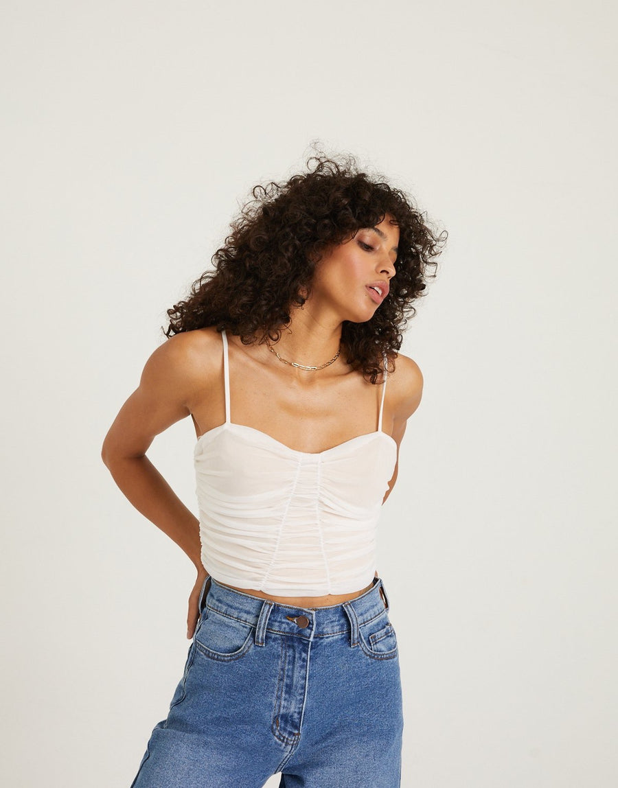 Mesh Ruched Cropped Tank Tops White Small -2020AVE