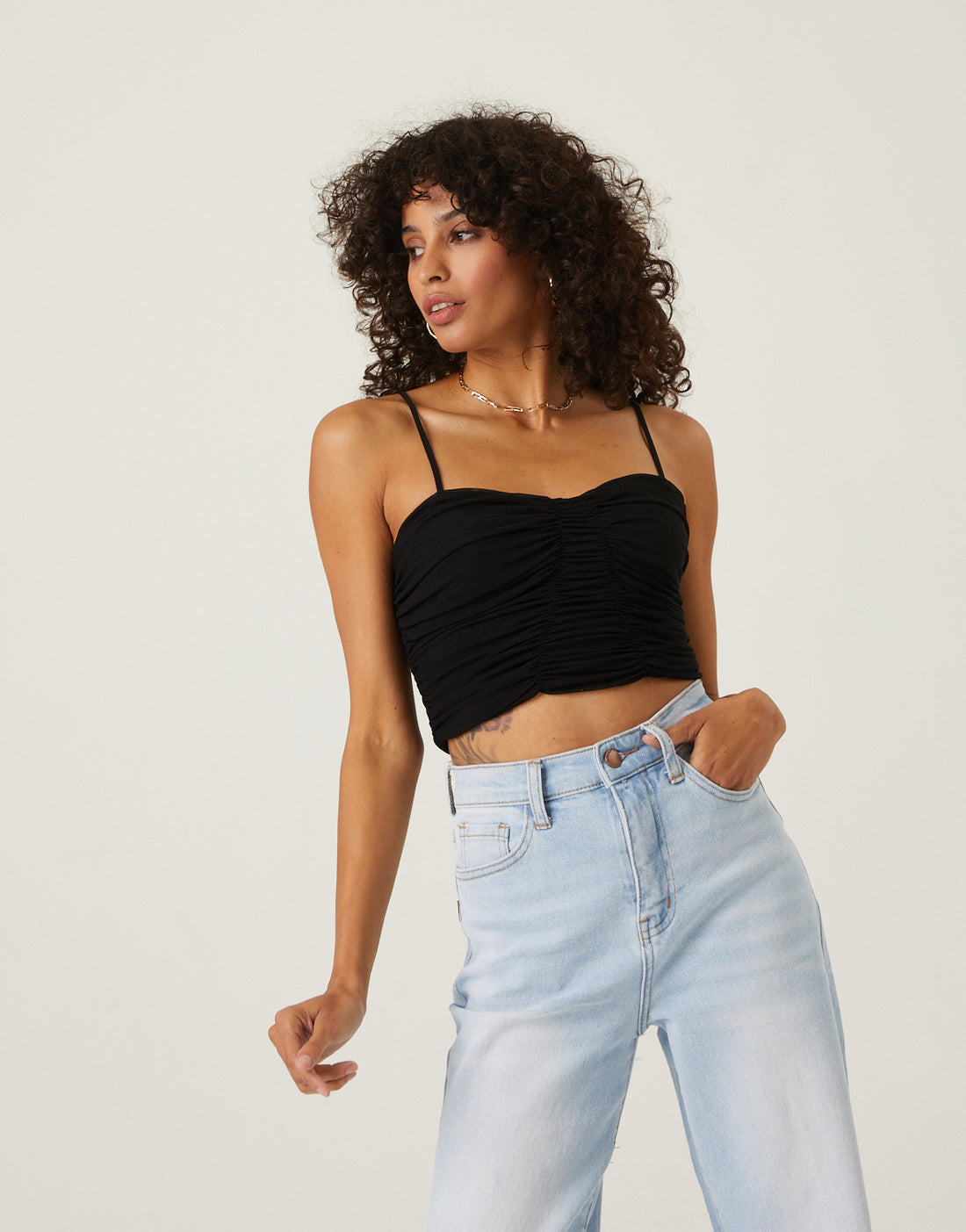 Mesh Ruched Cropped Tank Tops Black Small -2020AVE