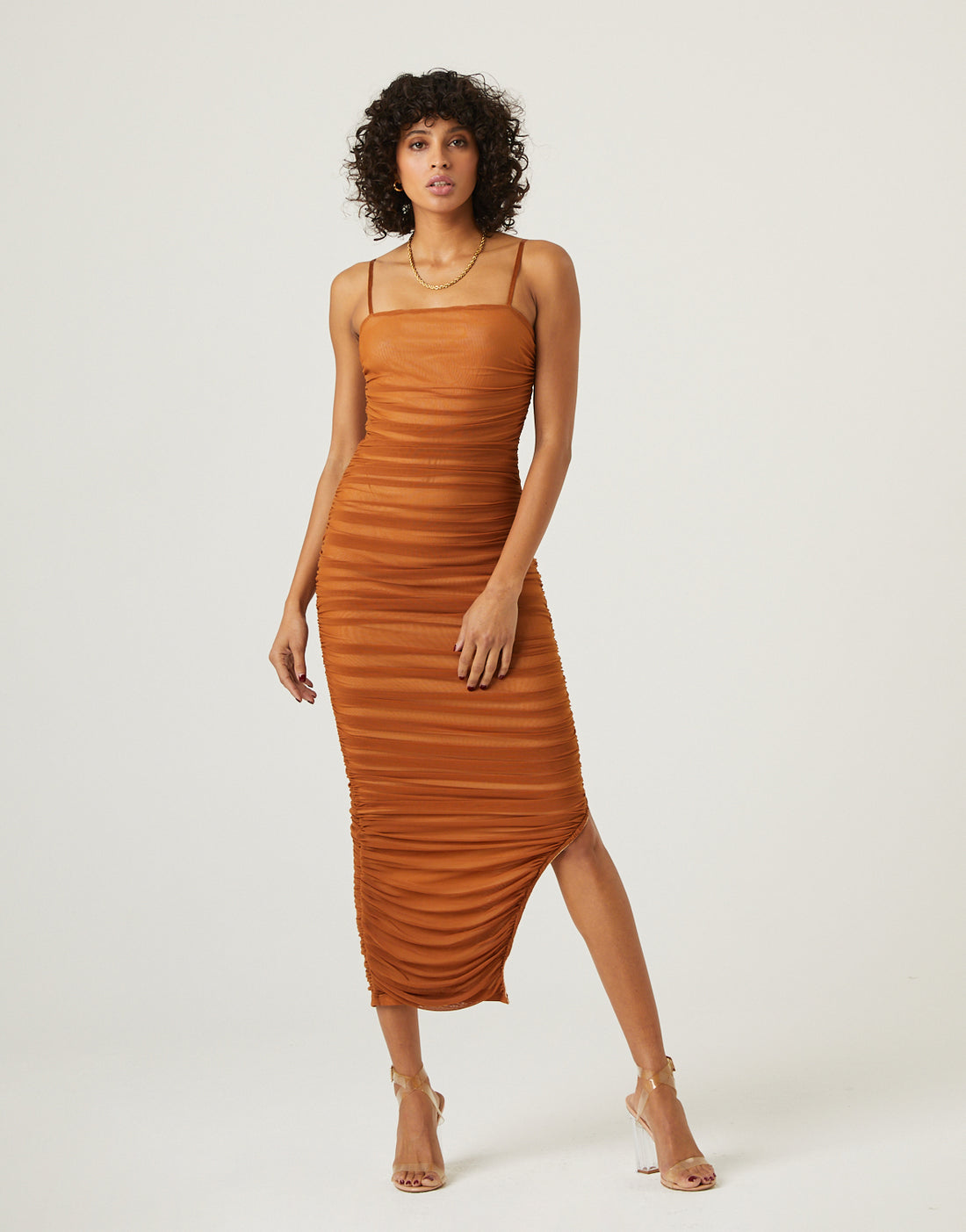 Mesh Ruched Midi Dress Dresses Brown Small -2020AVE