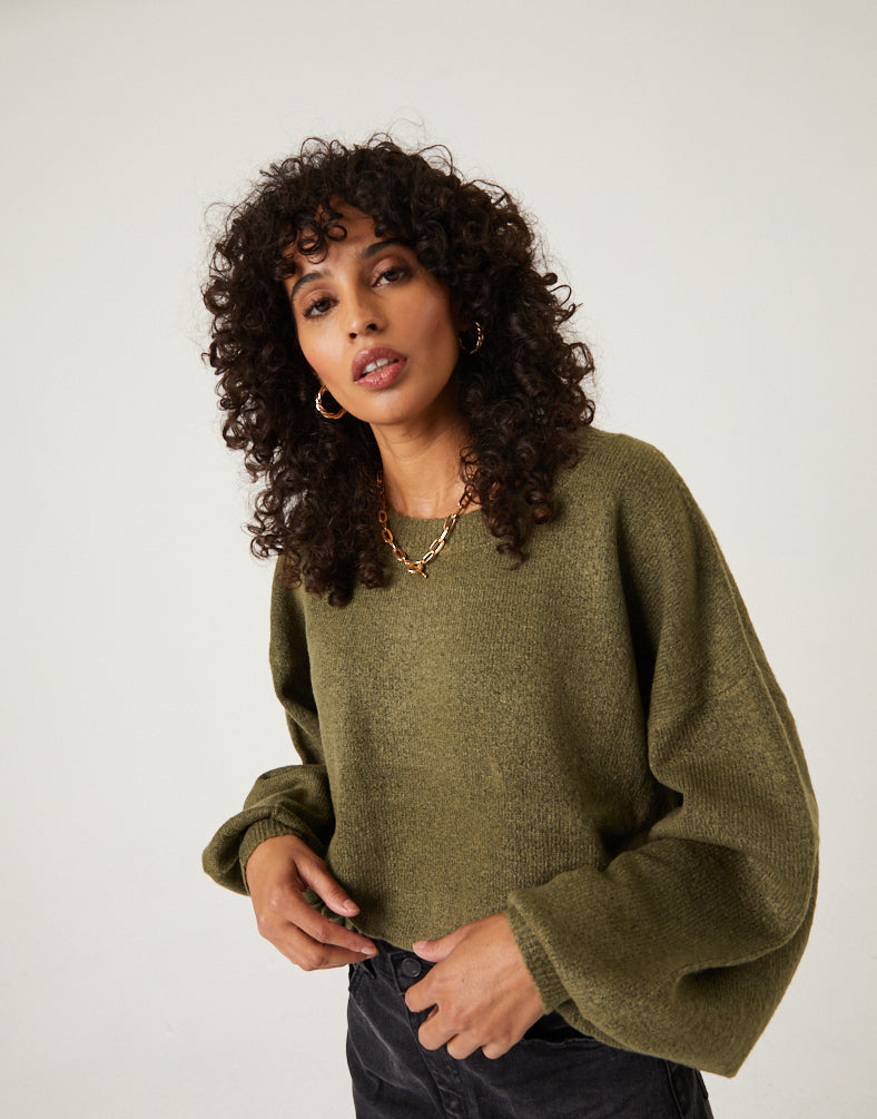 Crewneck Balloon Sleeve Sweater Tops Olive Small -2020AVE