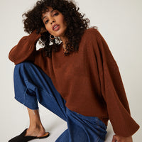 Crewneck Balloon Sleeve Sweater Tops Brown Small -2020AVE