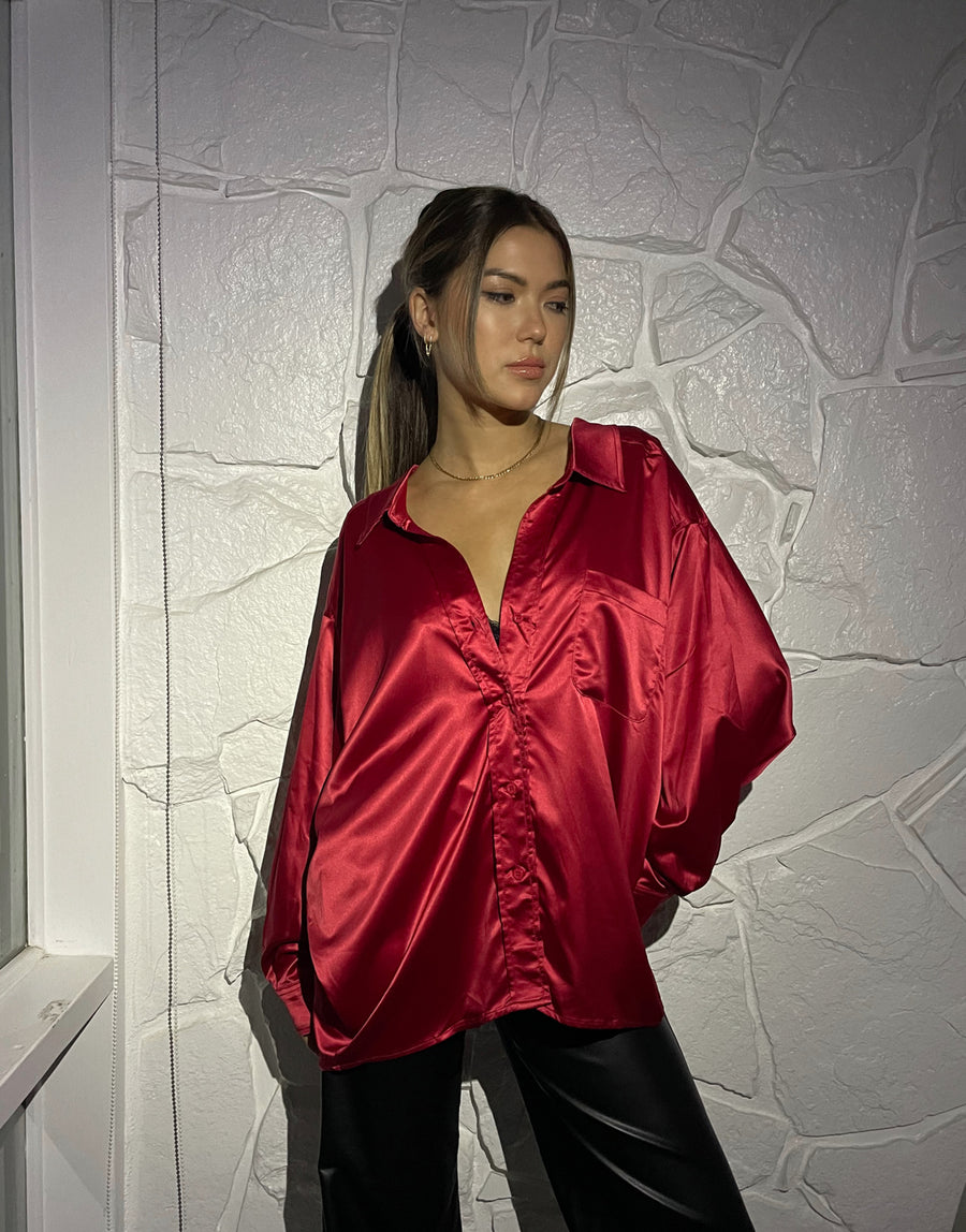 Oversized Satin Shirt Tops Red Small -2020AVE