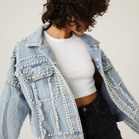 Pearl Embellished Denim Jacket Outerwear Blue Small -2020AVE