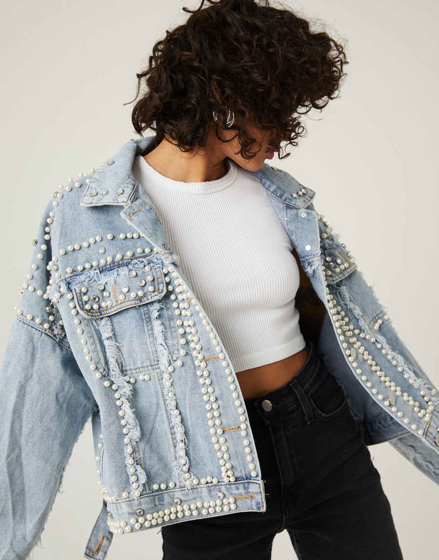 Pearl Embellished Denim Jacket Outerwear Blue Small -2020AVE
