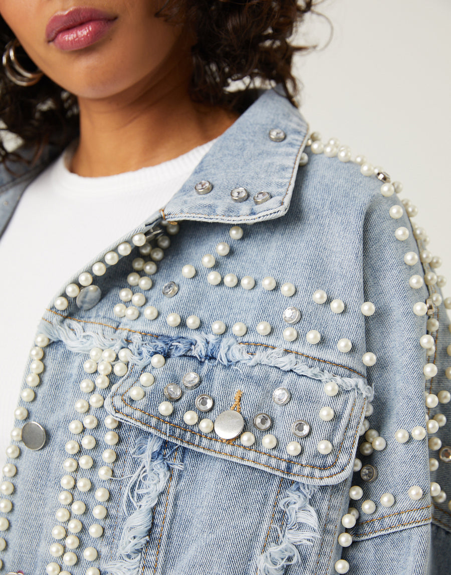 Pearl Embellished Denim Jacket Outerwear -2020AVE