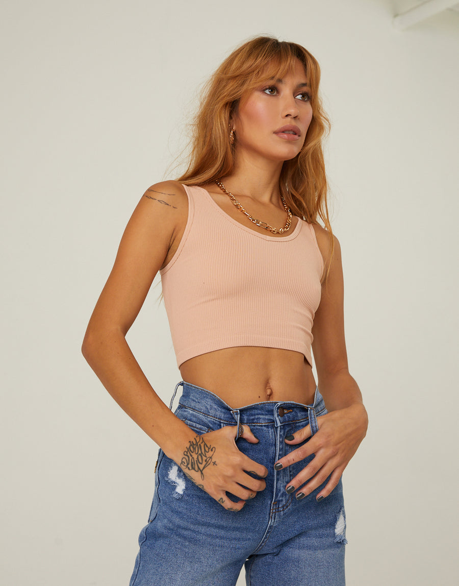 Ribbed Cropped Tank Top Tops Beige S/M -2020AVE