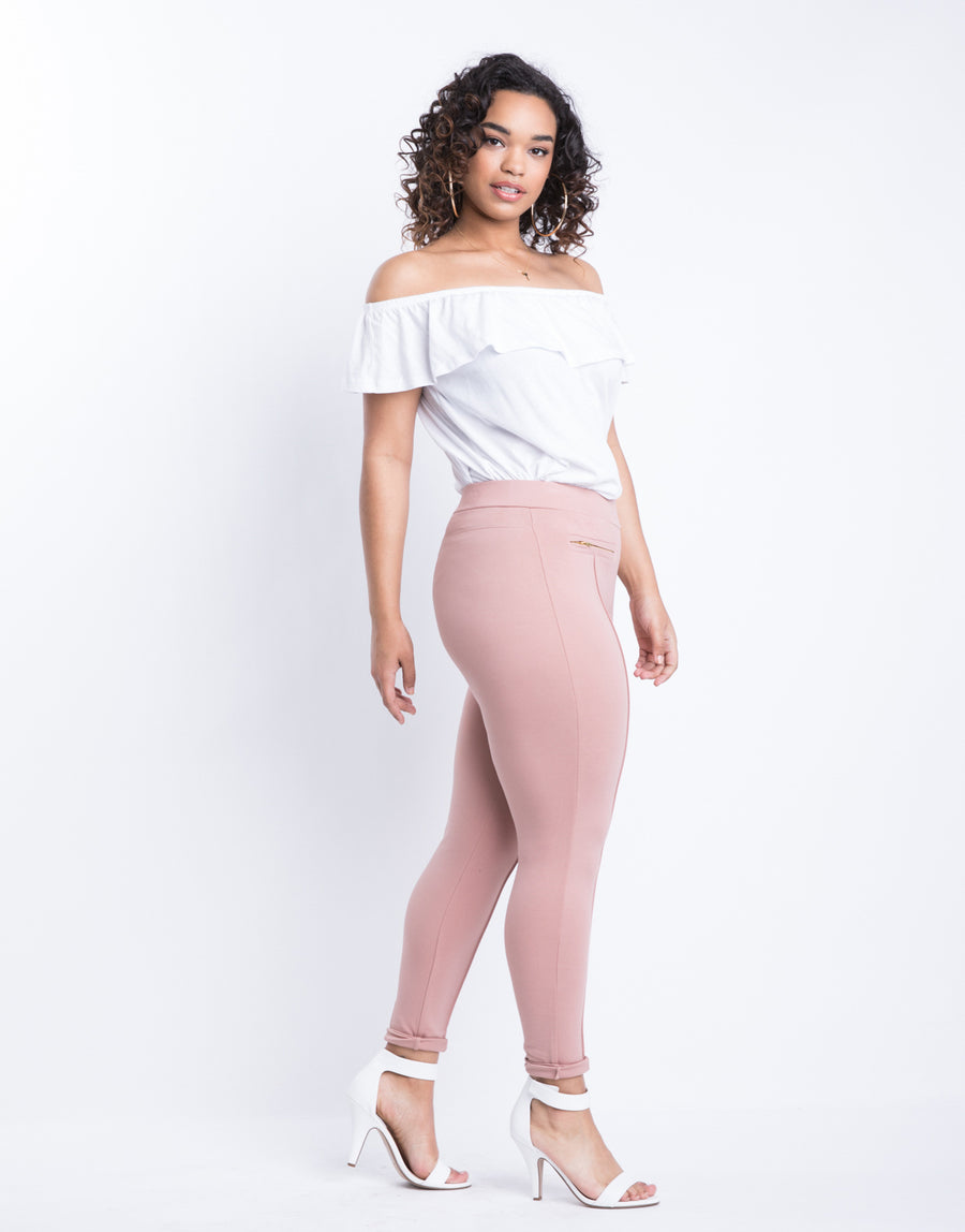 Curve Lined Up Zipper Leggings Plus Size Bottoms Pink 1XL -2020AVE