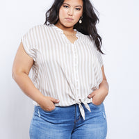 Curve Adrianne Striped Top Plus Size Tops White/Khaki 1XL -2020AVE