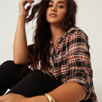 Curve Plaid Henley Top Plus Size Tops Red 1XL -2020AVE
