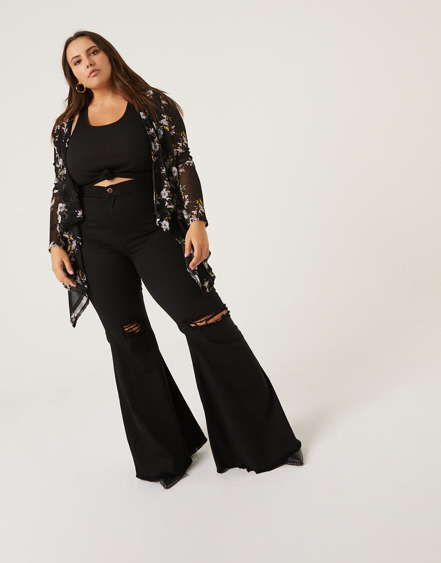 Curve Floral Sheer Cardigan Plus Size Outerwear Black 1XL -2020AVE