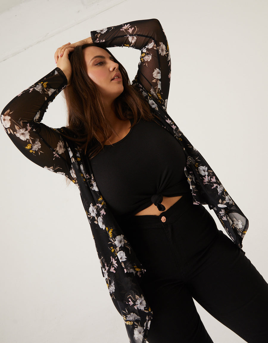 Curve Floral Sheer Cardigan Plus Size Outerwear -2020AVE