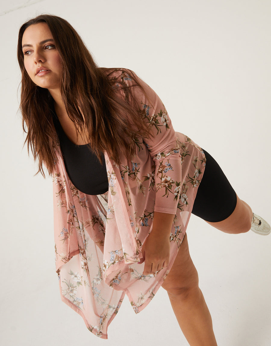Curve Floral Sheer Cardigan Plus Size Outerwear -2020AVE