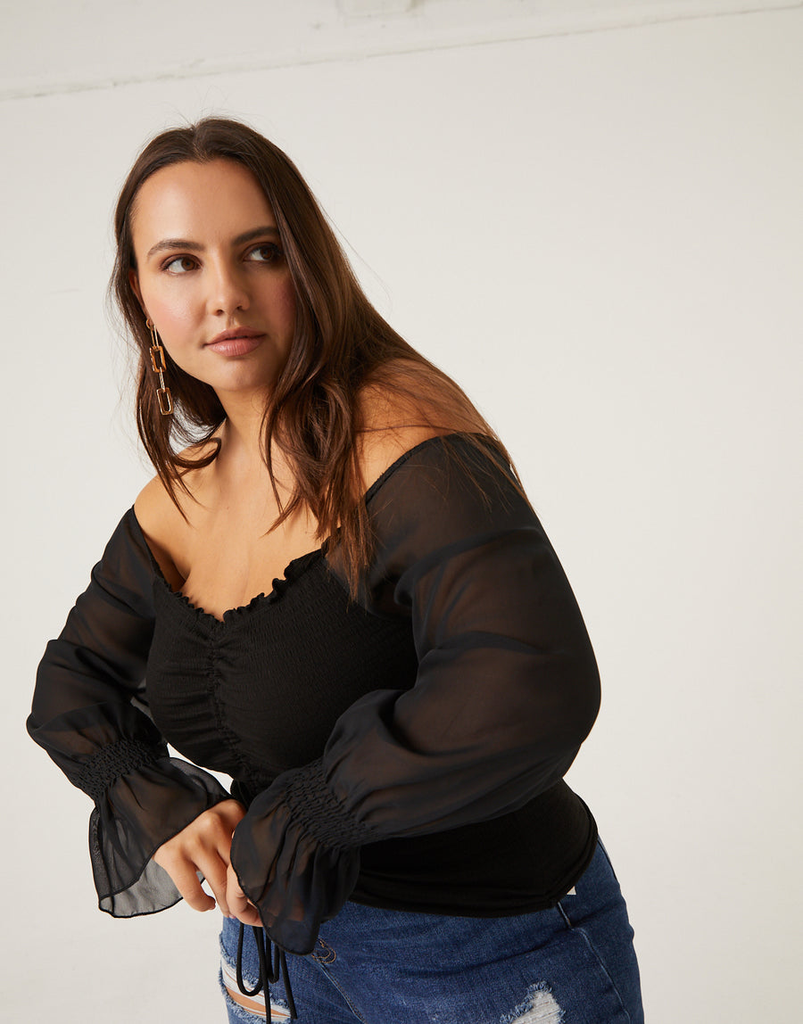 Plus Size Mesh Sleeve Ruched Top – 2020AVE