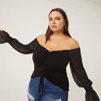 Curve Mesh Sleeve Ruched Top Plus Size Tops -2020AVE