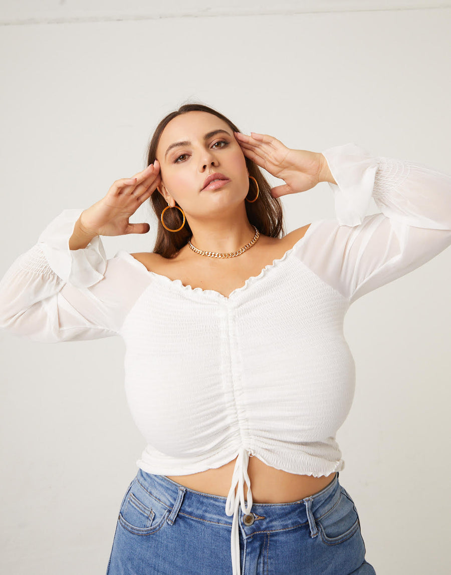 Curve Mesh Sleeve Ruched Top Plus Size Tops -2020AVE