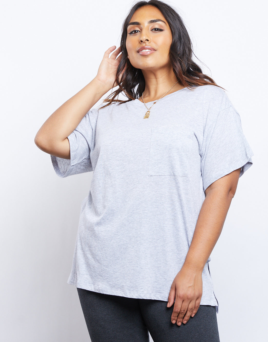 Curve Basic Pocket Tee Plus Size Tops Heather Gray 1XL -2020AVE