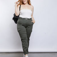 Curve Belted Cargo Pants Plus Size Bottoms Olive 1XL -2020AVE