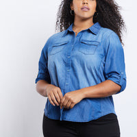 Curve Chambray Button Down Plus Size Tops -2020AVE