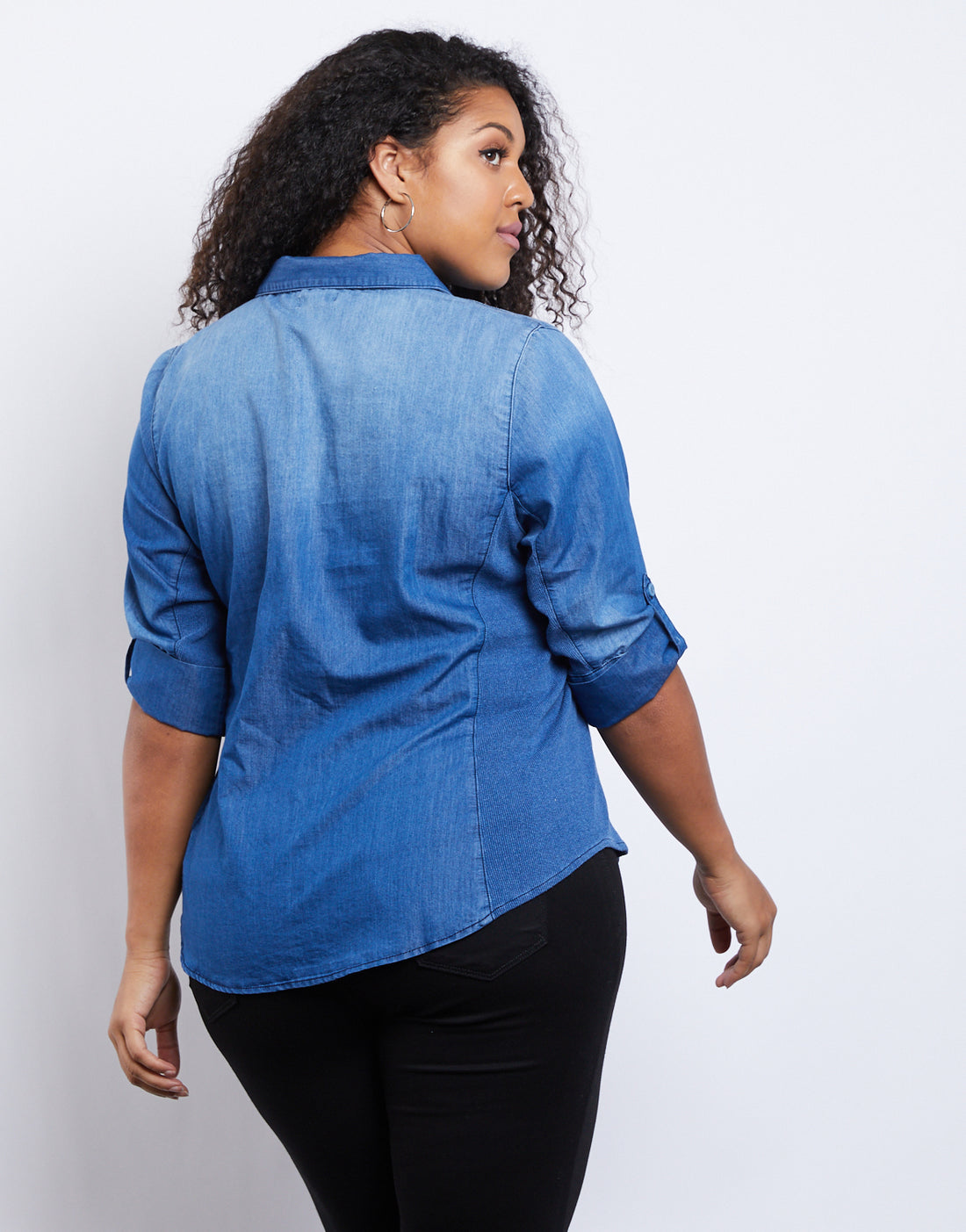 Curve Chambray Button Down Plus Size Tops -2020AVE