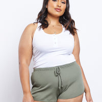 Curve Comfy Waffle Knit Shorts Plus Size Bottoms Military Green 1XL -2020AVE
