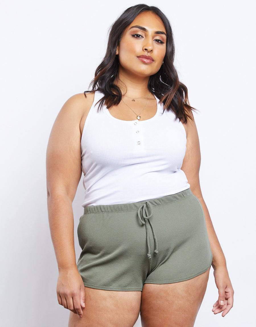 Curve Comfy Waffle Knit Shorts Plus Size Bottoms Military Green 1XL -2020AVE