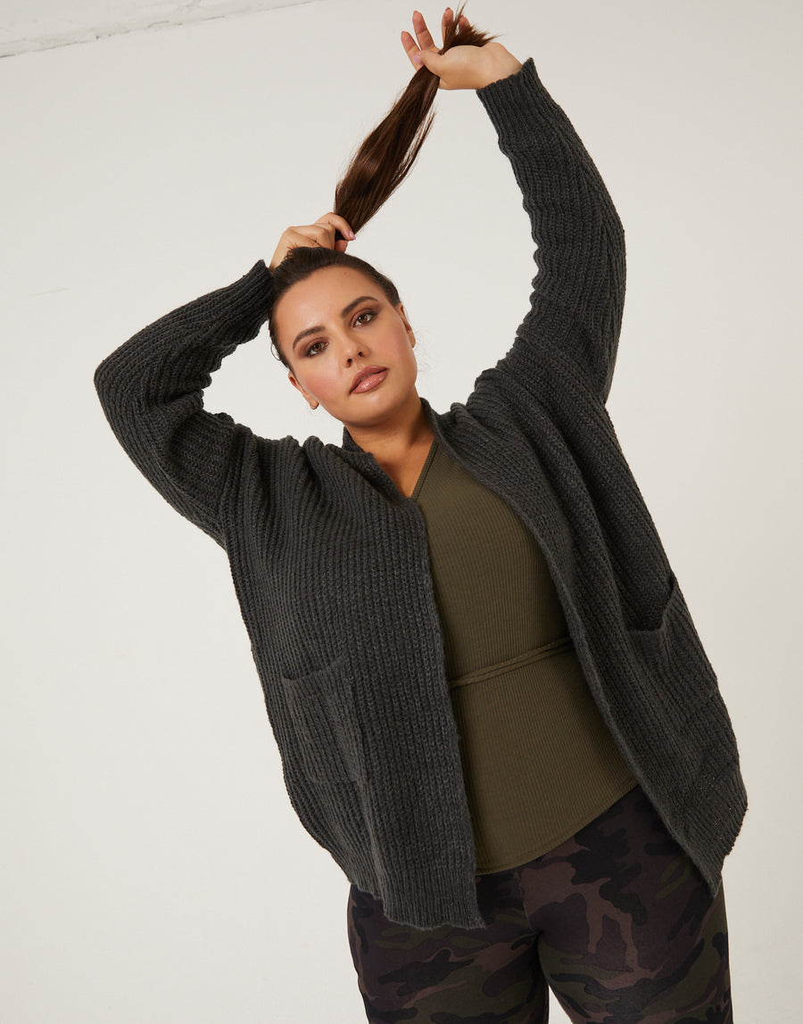 Curve Open Cardigan With Pockets Plus Size Outerwear Charcoal 1XL -2020AVE