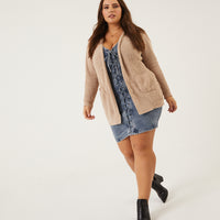 Curve Open Chenille Cardigan Plus Size Outerwear Oatmeal 1XL -2020AVE