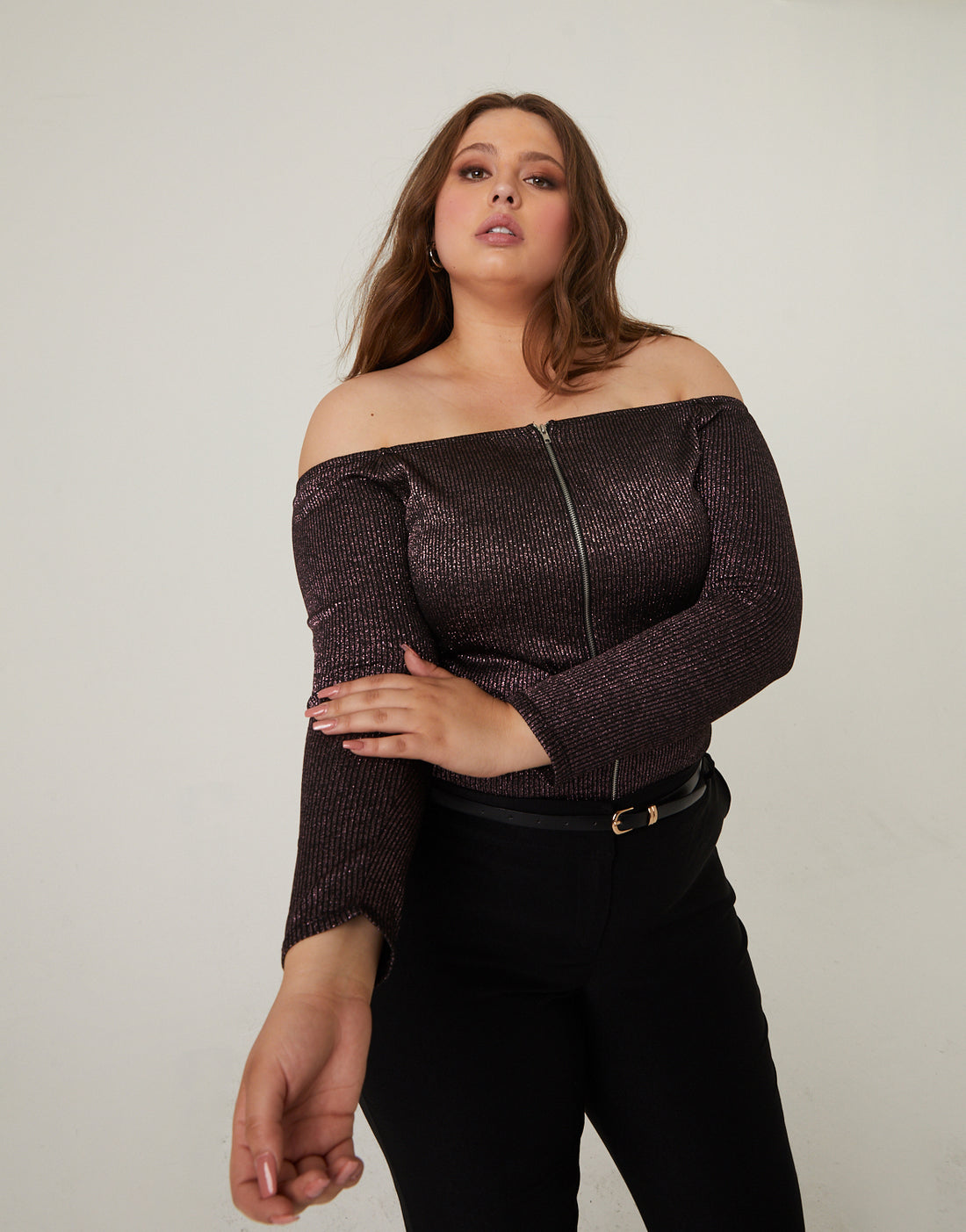 Curve Glittery Zip Up Top Plus Size Tops -2020AVE