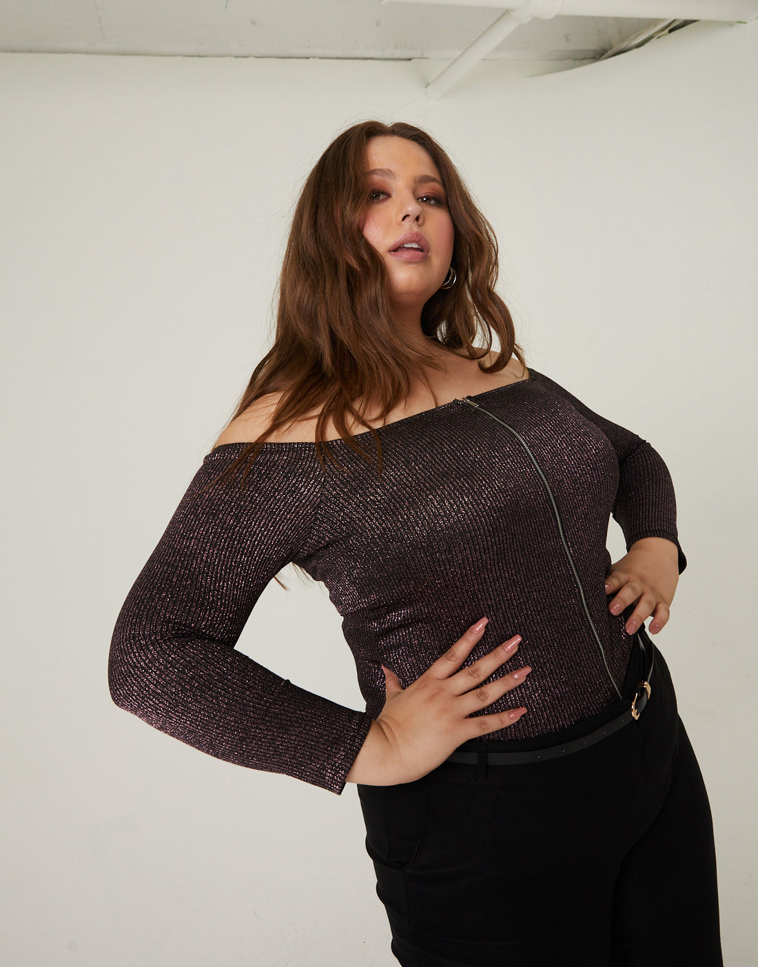 Curve Glittery Zip Up Top Plus Size Tops Pink 1XL -2020AVE